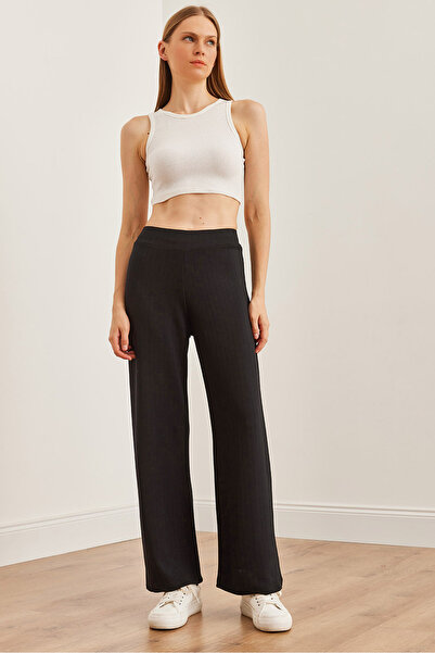 Olalook Kadın Siyah Kalın Fitilli Modal Tuşeli Palazzo Pantolon PNT-19000288