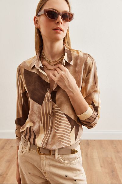 Olalook Geometric Patterned Viscose Women's Shirt - Long Sleeve, Flowy, Brown Gml- 19001234