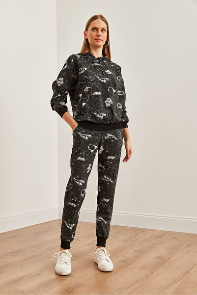 Olalook Kadın Siyah Kapüşonlu Sweatshirt'lü Baskılı Eşofman Takımı ETKM-0000067