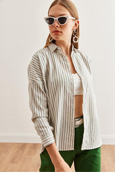 Olalook Green Bat Striped Oversize Linen Women's Shirt - Gml- 19001235