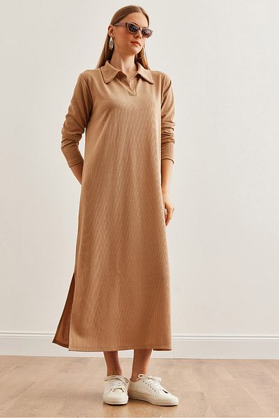 Olalook Camel Polo Collar Twist Dress - Long Sleeve and Slit Elb- 19002246