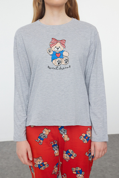Trendyol Collection Dámský pár/dvojitá sada Pletené pyžamo s medvídkem Šedá Melange Thmaw25Pt00165
