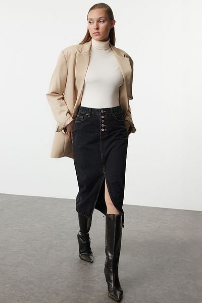 Trendyol Collection Elöl gombos, hasított antracit midi farmerszoknya - TWOAW24ET00063