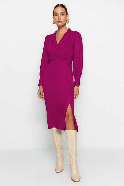 Trendyol Collection Φούξια Μίντι Φόρεμα - Διπλός Γιακάς και Λεπτομέρεια Σχισίματος Twoaw21el0230