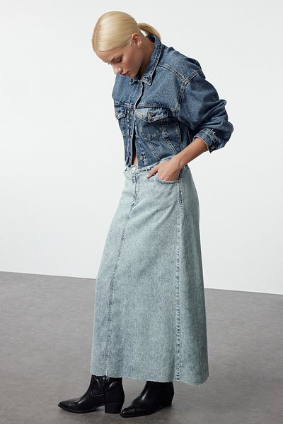 Trendyol Collection Blue Premium 100% Tencel ™   Maxi Denim Skirt Twoaw25Et00057