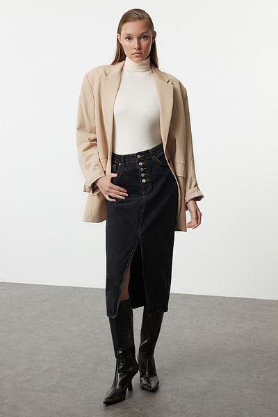 Trendyol Collection Elöl gombos, hasított antracit midi farmerszoknya - TWOAW24ET00063