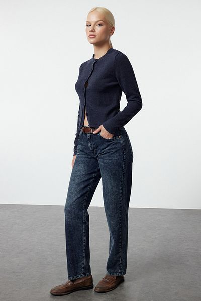 Trendyol Collection Éjfélkék egyenes farmernadrág - normál derék TWOAW25JE00087