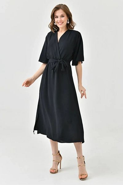 WOMAN VISION Black Aerobin Fabric Elastický pas s detailním rukávem 130 cm Midi Double Breasted Collar Dress 097