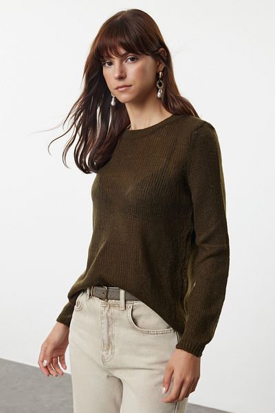 Trendyol Collection Egyszerű kötöttáru pulóver - khaki, puha textúra, laza kötött TWOAW25KZ00091