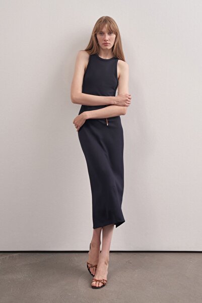 Mathilda Store Kadın Lacivert Bisiklet Yaka Sıfır Kol Uzun Basic Elbise Yırtm...