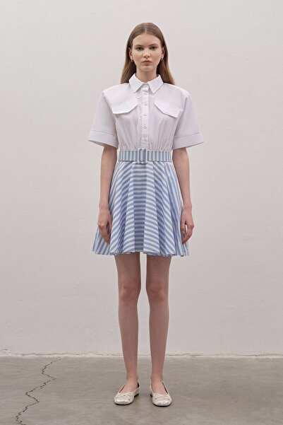 Mathilda Store Blue Striped White Shirt Collar Short Sleeve Women's Dress wit...