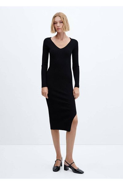 MANGO Woman Ribbed V-Neck Dress