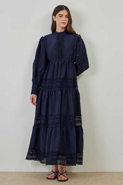 Hooopstore Navy Blue Lace Detailed Dress