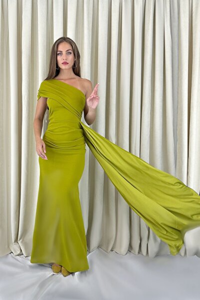 ALFUDO Moda Collection Ewo Kuyruklu Tek Omuz Yağ Yeşili Abiye Elbisesi