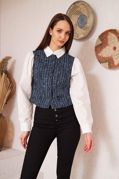 Darlin Moda Cămașă cu mânecă lungă cu garnitură din tweed albastru pentru femei Dm9001