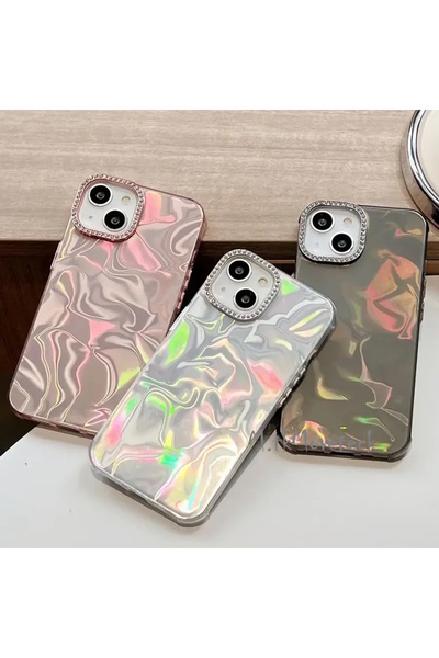 m.tk moveteck İphone 15 Kılıf Kristal Elmas Taşlı Dalgalı Parlak Simli Silikon Lens Çercevesi Parıltılı Detaylı