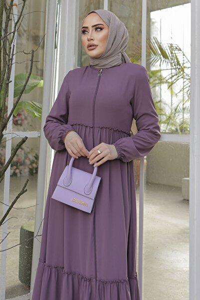 InStyle Gathered Detail Zippered Abaya - Dusty Rose