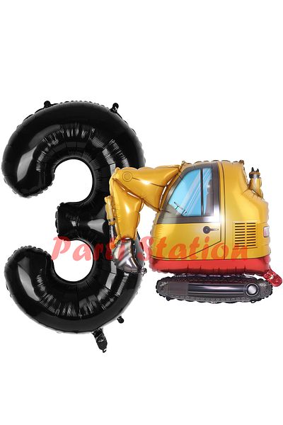 Parti Station 3 Year Old Birthday Construction Scoop Truck Balloon Set - Black Figure and Concept Balloon