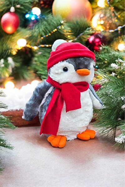 Hey Me Lisa Pingu Kırmızı Şapkalı Penguen 40 cm Gri  Peluş Oyuncak Uyku ve Oyun Arkadaşı