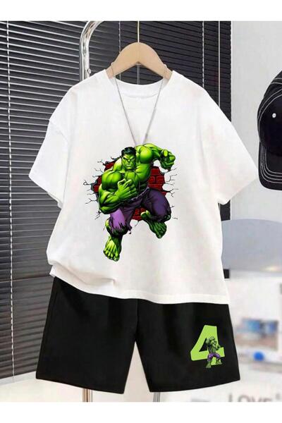 Massgai Set de tricou și pantaloni scurți din bumbac pentru copii cu model Hu...