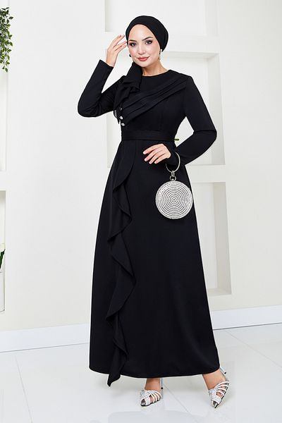 ModaMerve Μαύρο βραδινό ντραπέ Hijab - 12241PL940-M