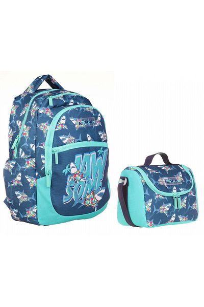 KAUKKO Set de rucsac și cutie de prânz pentru școală primară Blue Turquoise Jaws pentru băiat