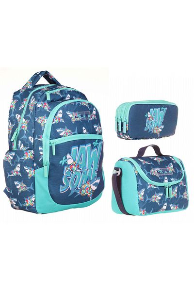 KAUKKO Geantă de școală primară Blue Turquoise Jaws pentru băiat - Set de trei