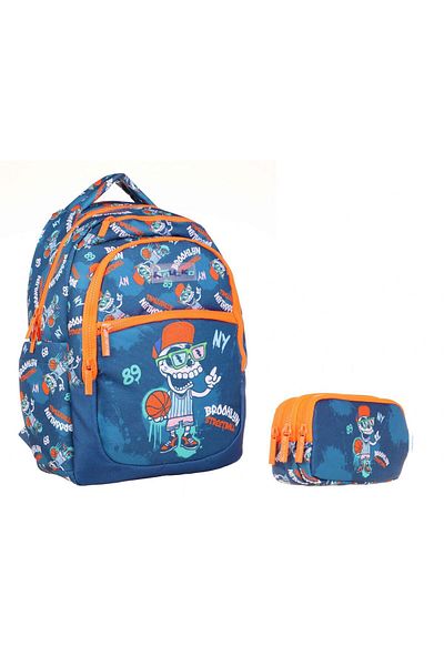 KAUKKO Set rucsac de baschet și suport stilou pentru băiat, albastru portocaliu