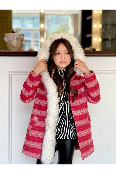 elfanto kıds Girl's Suit Lined Hooded Furry Stamp Leather Tights Blouse