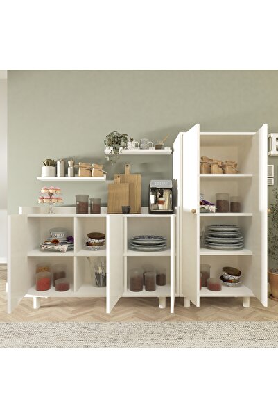 Cool Home Bono Raflı Kahve Köşesi ve Çok Amaçlı Dolap Seti , Erzak Kiler Dolabı Beyaz