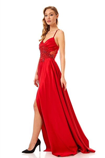 Elbisemhazır Ip Askılı V Yaka Yırtmaçlı Inci Taşlı Saten Uzun Abiye Elbise