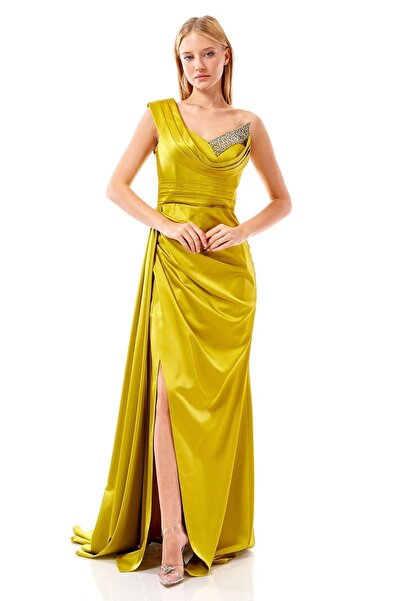 Elbisemhazır Tek Omuz Taşlı Saten Yırtmaçlı Abiye Elbise