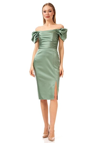 Elbisemhazır Straplez Düşük Kol Yırtmaçlı Saten Abiye Elbise