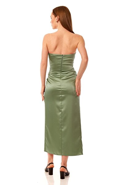 Elbisemhazır Straplez Yırtmaçlı Saten Abiye Elbise