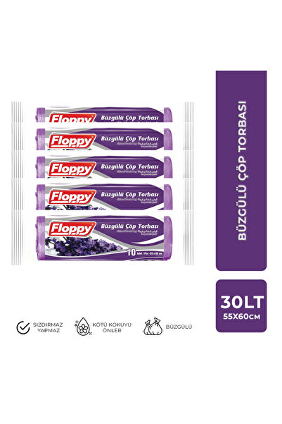 Floppy Büzgülü Çöp Torbası / Büzgülü Çöp Poşeti Orta Boy Lavanta Kokulu 5 Adet