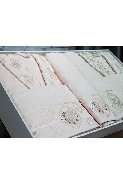 Çeyiz Diyarı Σετ οικογενειακής ρόμπας Salmon Cappuccino Colorful Rosel Bukle Jacquard