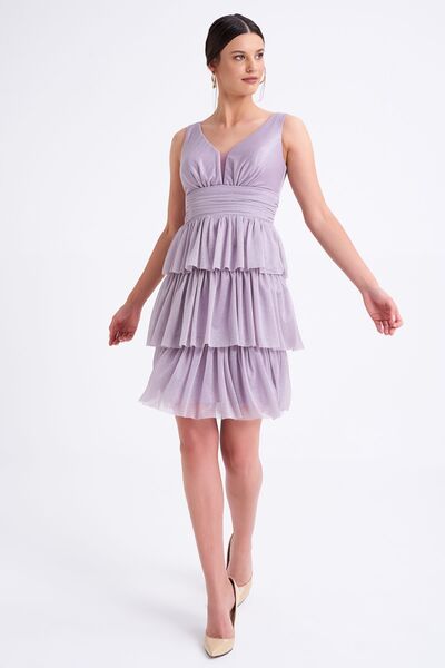 Elbisemhazır Simli Tül Kumaş Midi Boy Abiye Elbise