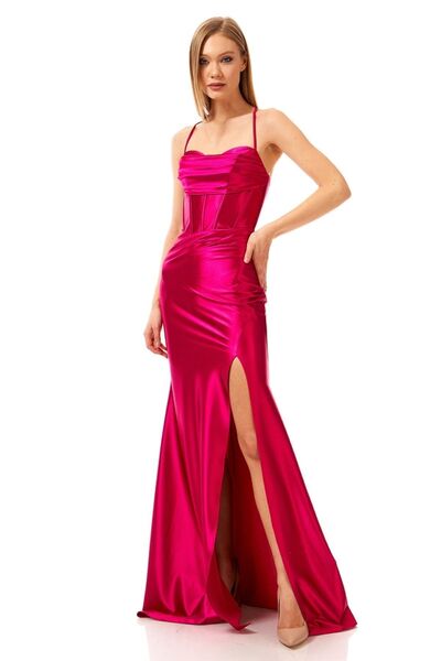 Elbisemhazır İnce Ip Askılı Yırtmaçlı Balenli Saten Uzun Abiye Elbise