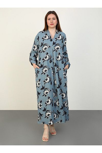 ALİA Blue Linen Plus Size Dress - Floral Pattern and Pocket Detail