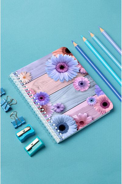 kutuTR Pink Floral Patterned 10x14 Vip Modelist Notebook - Wooden Mdf Cover, 80 Sheets Checkered, 80gr/m2 K-a603