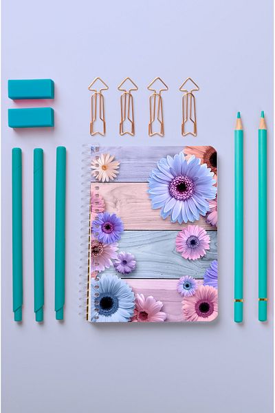 kutuTR Pink Flower Patterned - Wooden Mdf Cover 80 Sheets Striped Vip Modelist Notebook 80gr/m2 Ç-a603