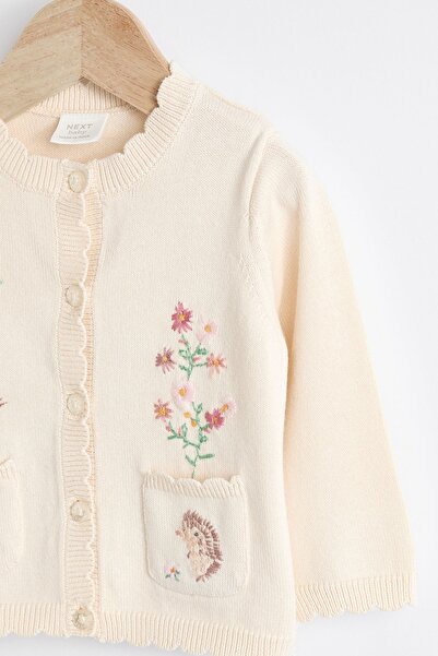 Next Baby Cream Colored Rabbit Embroidered 100% Organic Cotton Children's Cardigan - Aly01755