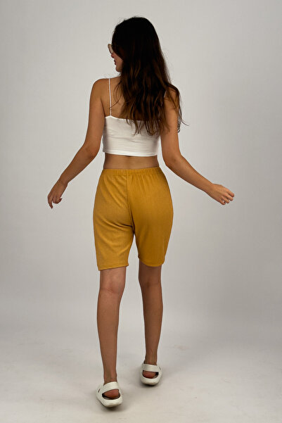 Betimoda Mustard Colored Women's Shorts - Elastic Waist, Wide Leg, Wrap Fabric