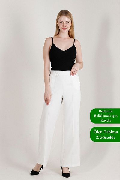 Balenbi 1003 Model High Waist White Palazzo Women's Trousers - Lycra Woven