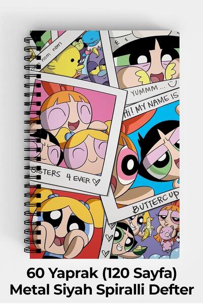 Anime Marketi Powerpuff Girls Tasarımlı A5 Spiralli Sert Kapak Defter 120 Sayfa