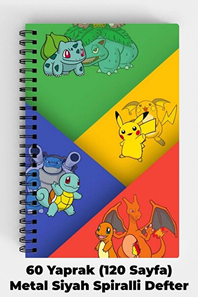 Anime Marketi Pokemon Tasarımlı A5 Spiralli Sert Kapak Defter 120 Sayfa