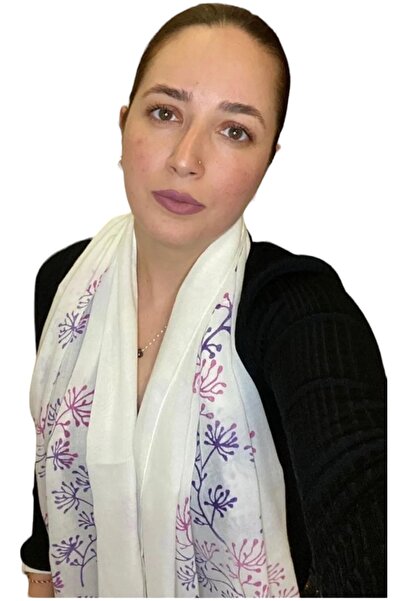 leillART Cotton White Floral Patterned Shawl Scarf - Handmade