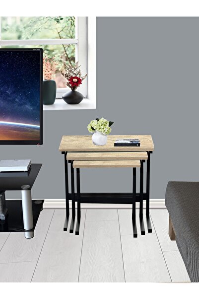 faween 80113 3lü Zigon Sehpa Metal Sehpa Meşe