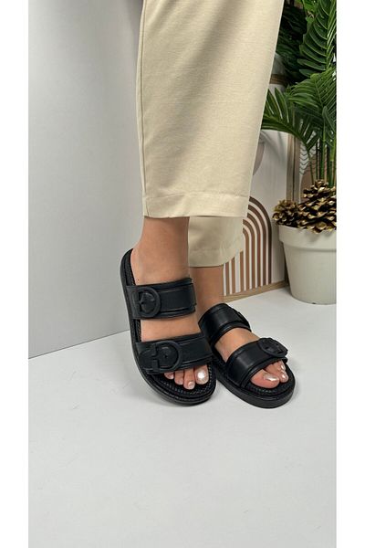 Nstil Black Women's Slippers - Double Adjustable Buckle, Soft Comfortable Thick Sole, Lightweight Shoes 6658