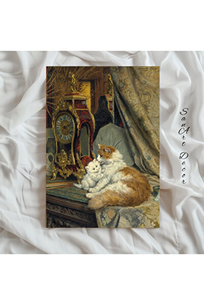 Sanart Pictură de epocă, pictură în ulei, pictură înrămată din seria specială, decor artistic, retro, pictură cu pisici